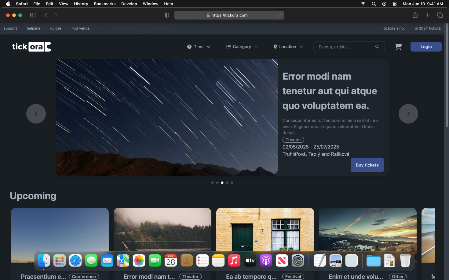 tickora homepage dark mode screenshot